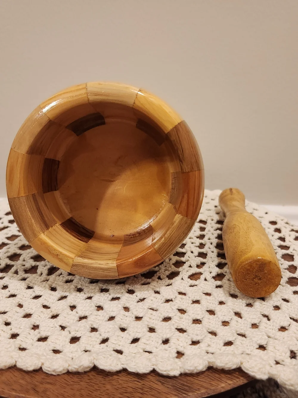 Wooden Mortar and Pestle Set With Checkerboard Pattern
